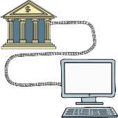 Cartoon of datadata feed from bank to computer